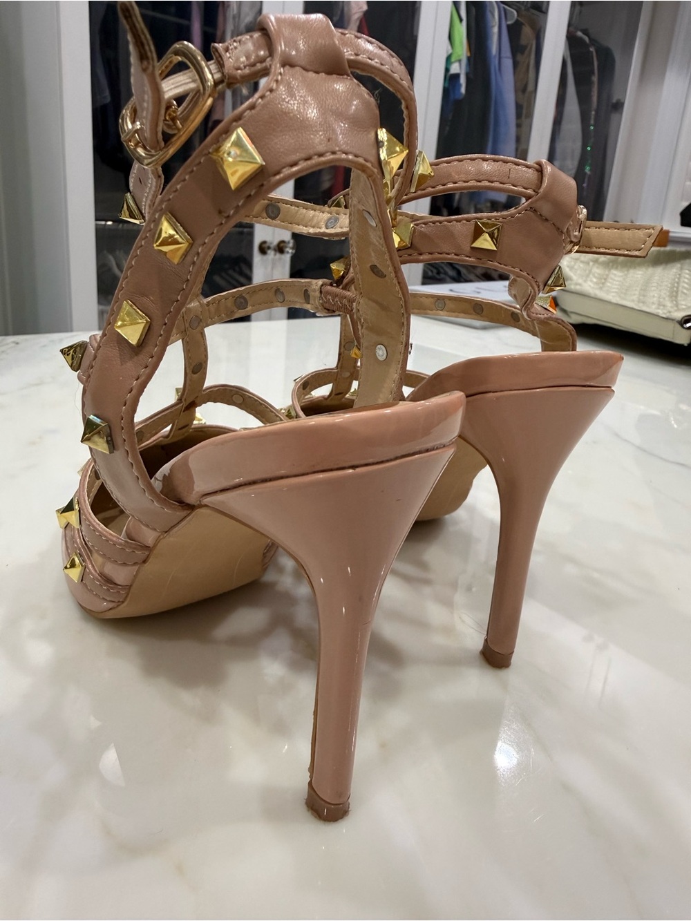 Catherine Malandrino Beige Studded Strappy Stiletto Heel Blush Pink - Picture 4 of 5
